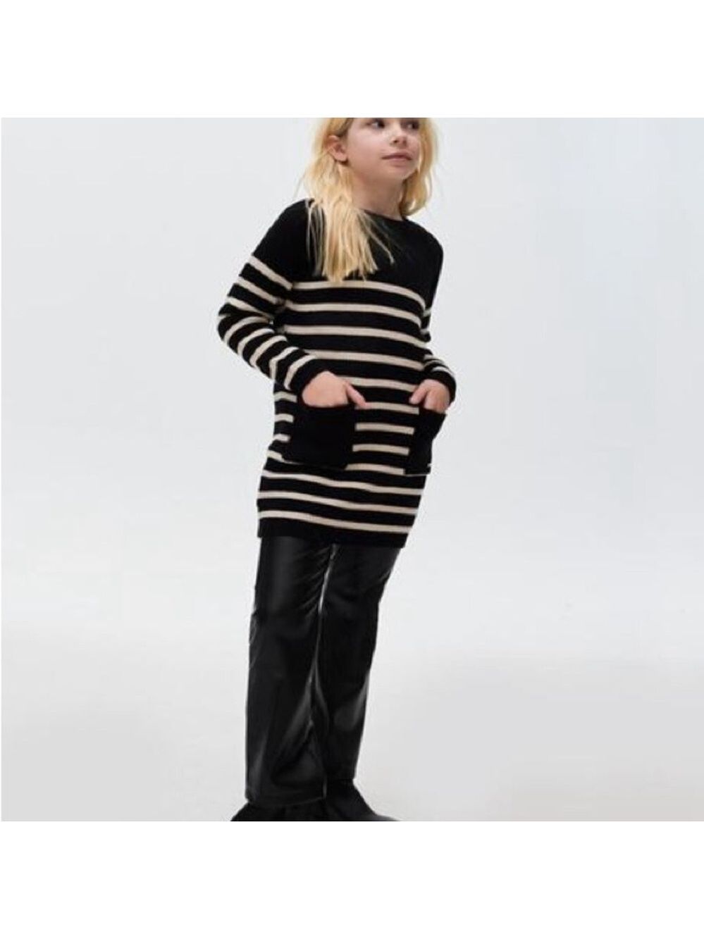 Size 14 Girls Mayoral Black and Cream Striped Knit Sweater Dress
